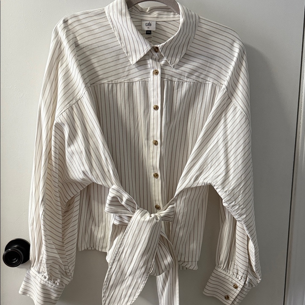 CAbi White Striped Button-Down Shirt with Tie Front
